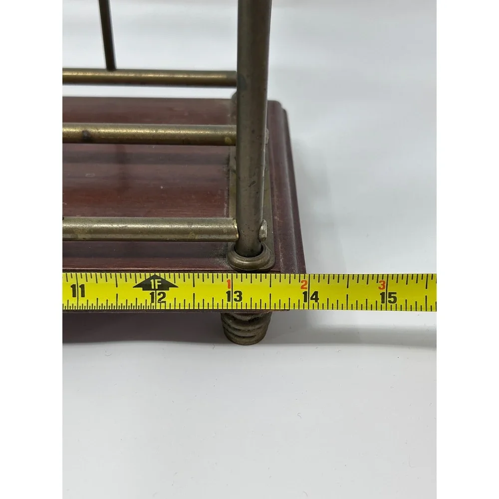 Vintage Brass Magazine Rack Wood Base Scroll Handle Double Slot Record Holder‎
